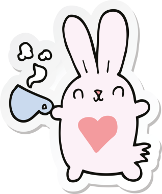 Sevgi dolu kalbi ve bir insan tarafından çizilmiş kahve fincanı olan şirin bir tavşanın çıkartması.