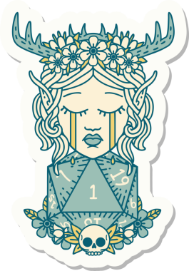 Ağlayan bir Elf Druid karakterinin çıkartması. İnsan tarafından çizilmiş doğal bir D20 ruloyla.