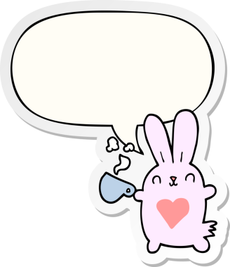 Sevgi dolu karikatür tavşanı ve bir insan tarafından çizilmiş baloncuk çıkartmalı kahve fincanı.