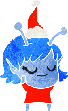 gülümseyen uzaylı kız el çizimi bir insan tarafından çizilmiş Noel Baba şapkası