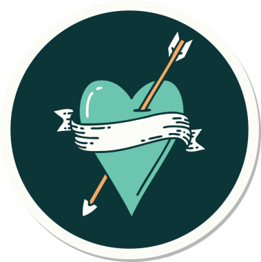 Bir insan tarafından çizilmiş ok kalp ve pankartın geleneksel stiliyle dövme çıkartması.