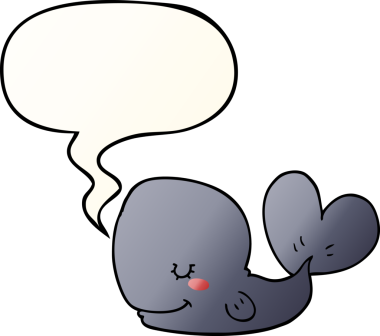 Bir insan tarafından çizilmiş, konuşma baloncuklu çizgi film balinası.