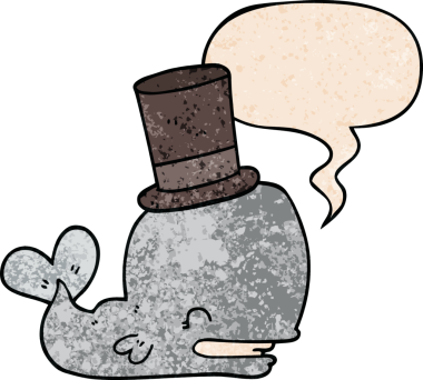 Çizgi film balinası şapkası takıyor ve konuşma baloncuğu insan tarafından çizilmiş.