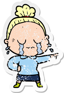 Bir insan tarafından çizilmiş, ağlayan yaşlı bir kadın karikatürü.