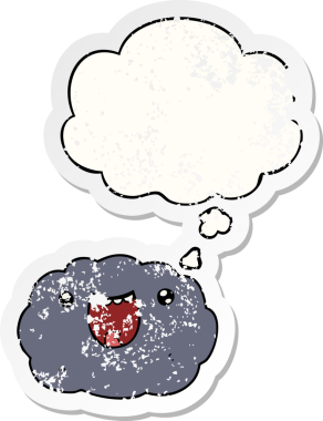 Düşünce baloncuğu ile çizgi film mutlu bulut bir insan tarafından çizilmiş yıpranmış bir çıkartma gibi