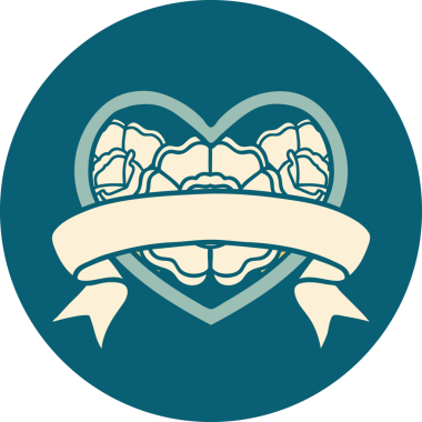 İkonik dövme stili bir kalp ve bir insan tarafından çizilmiş çiçekli pankart.