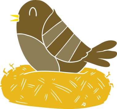 Yuvada bir insan tarafından çizilmiş düz renkli çizgi film kuşu