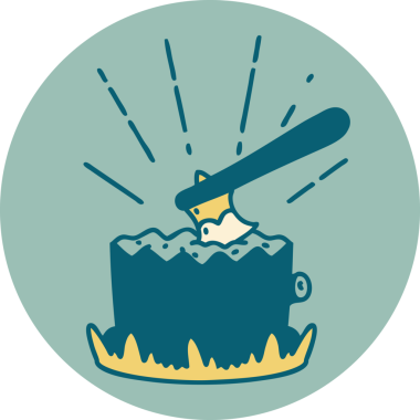 Bir insan tarafından çizilmiş ağaç kütüğündeki dövme stili baltanın simgesi