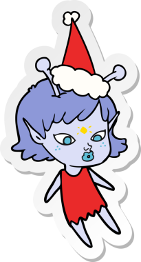 Bir insan tarafından çizilmiş Noel Baba şapkası giyen uzaylı bir kızın güzel el yazısı.