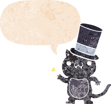 Çizgi film kedisi silindir şapka takıyor ve grunge 'da konuşma baloncuğu var.