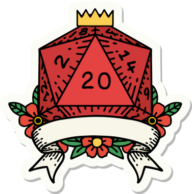 Bir insan tarafından çizilmiş 20 kritik vuruşluk D20 zar etiketi.