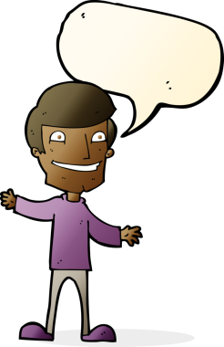 Bir insan tarafından çizilmiş konuşma balonuyla sırıtan çizgi film adamı.