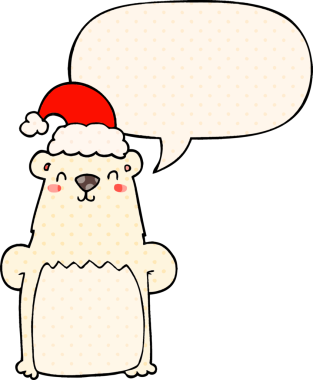 Çizgi roman tarzında bir insan tarafından çizilmiş, noel şapkalı, konuşma baloncuklu bir ayı.