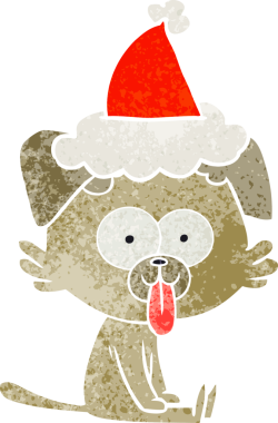 Bir insan tarafından çizilmiş Noel Baba şapkasıyla oturan bir köpeğin el çizimi karikatürü.