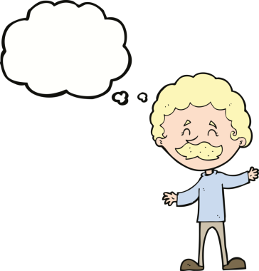 Bir insan tarafından çizilmiş düşünce baloncuklu bıyıklı mutlu adam çizgi filmi.