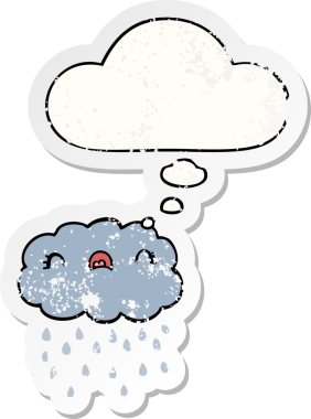 Düşünce baloncuğu olan sevimli çizgi film bulutu bir insan tarafından çizilmiş yıpranmış bir çıkartma gibi.