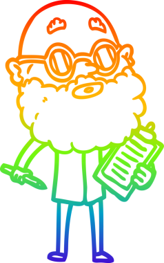 Gökkuşağı gradyan çizgi çizimi. Bir insan tarafından çizilmiş sakallı ve güneş gözlüklü meraklı bir adamın çizimi.