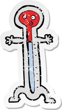 Bir insan tarafından çizilmiş karikatür termometresinin gerilimli retro etiketi