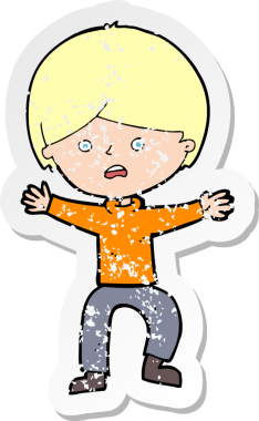 Bir insan tarafından çizilen paniğe kapılan çizgi film karakterinin gerilimli retro yapıştırması.