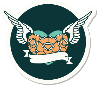 Geleneksel bir dövme stili. Uçan kalp. Çiçekler ve bir insan tarafından çizilmiş bayrak.