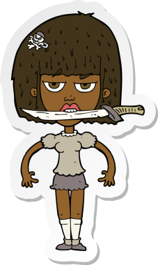 Bir insan tarafından çizilmiş dişleri arasında bıçak olan bir karikatür kadının çıkartması.