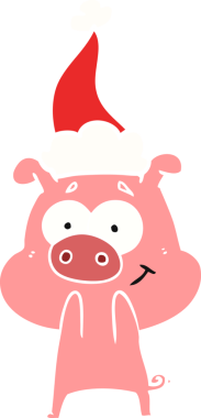 Mutlu el çizimi düz renk çizimi Noel Baba şapkası takan bir domuzun insan tarafından çizilmiş.