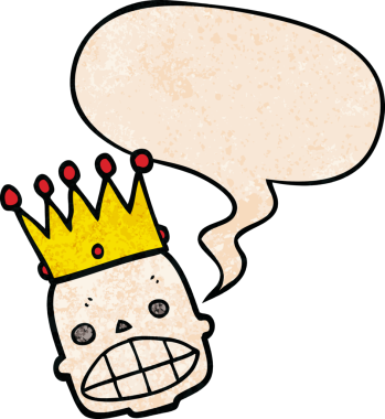 Bir insan tarafından çizilmiş, eski moda konuşma baloncuğu şeklinde taçlı, karikatürlü, ürkütücü kafatası suratlı.