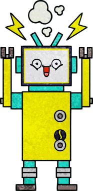 Bir insan tarafından çizilmiş mutlu bir robotun retro grunge dokusu.