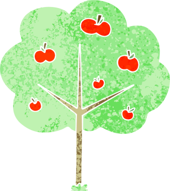 Bir insan tarafından çizilmiş retro illüstrasyon tarzı tuhaf çizgi film elma ağacı.