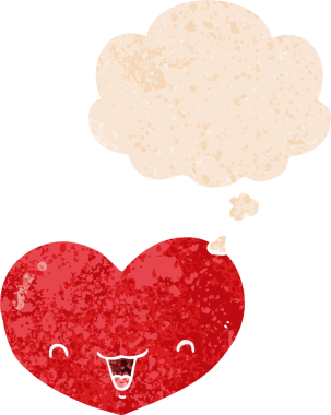 Karikatür aşk karakteri, insan tarafından çizilmiş grunge 'deki düşünce baloncuğu, sıkıntılı retro stil.