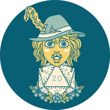 Retro Dövme Biçimi Yarı Ork Ozanı Bir insan tarafından çizilmiş 20 zar ile