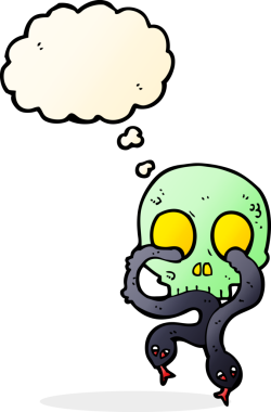 Bir insan tarafından çizilmiş düşünce balonlu yılanlı bir kafatası.