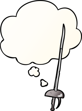 Düşünce baloncuklu çizgi film kılıcı bir insan tarafından çizilmiş.