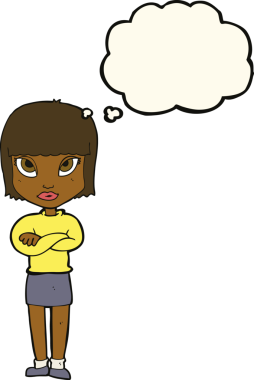 Bir insan tarafından çizilmiş düşünce balonlu çapraz kollu çizgi film kadını.