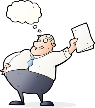 Çizgi film patronu, bir insan tarafından çizilmiş düşünce balonuyla kağıtları sallıyor.