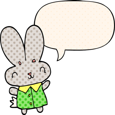 Bir insan tarafından çizilmiş çizgi roman tarzı konuşma baloncuğu olan sevimli çizgi film minik tavşan.