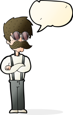 Bir insan tarafından çizilmiş, bıyıklı ve gözlüklü bir hippi çizgi film karakteri.