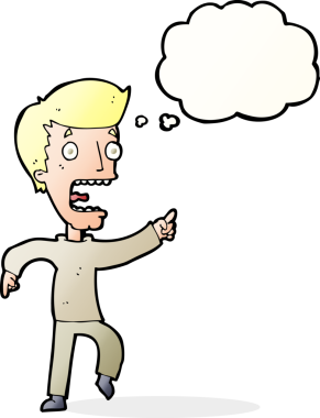 Bir insan tarafından çizilmiş düşünce baloncuğuyla dehşete düşmüş bir adam.