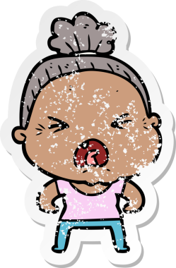 Bir insan tarafından çizilmiş kızgın yaşlı bir kadının sıkıntılı çıkartması.