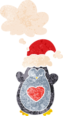 Hoş bir noel pengueni grunge 'da düşünce baloncuğu olan kederli eski moda bir insan tarafından çizilmiş.