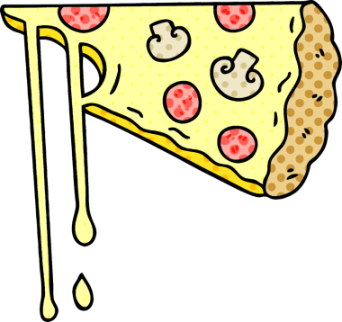 Bir insan tarafından çizilmiş tuhaf çizgi film peynirli pizza.