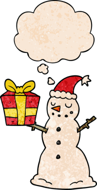 bir insan tarafından çizilmiş grunge desenli düşünce baloncuğu olan kardan adam.