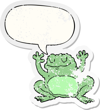 Konuşma baloncuğu olan karikatür kurbağası bir insan tarafından çizilmiş sıkıntılı eski bir çıkartma