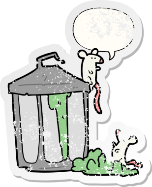 Bir insan tarafından çizilmiş, kederli, yaşlı, karikatür, eski metal çöp tenekesi ve konuşma balonlu fareler.