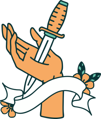 Geleneksel dövme, insan eliyle çizilmiş bir hançer sancağıyla.