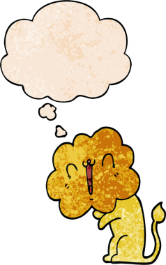 Bir insan tarafından çizilmiş grunge desenli düşünce baloncuğu olan sevimli çizgi film aslanı.