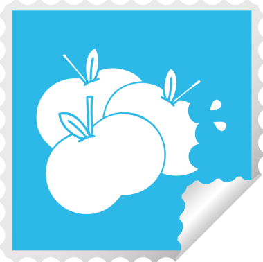 Bir insan tarafından çizilmiş sulu bir elmanın kare soyulmuş etiket karikatürü