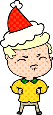 Bir insan tarafından çizilmiş Noel Baba şapkası giyen rahatsız bir adamın el çizimi çizgi roman çizimi.