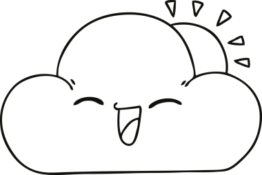 Çizgi film güneşi ve bir insan tarafından çizilen mutlu bulut.