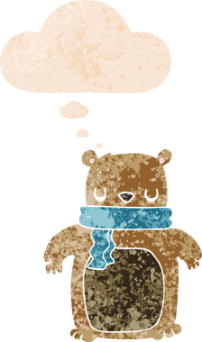 Düşünce baloncuklu eşarplı çizgi film ayısı grunge sıkıntılı retro desenli bir insan tarafından çizilmiş